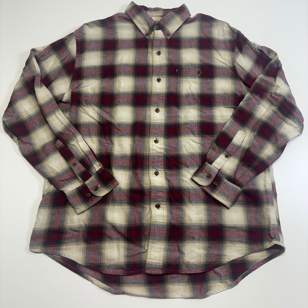 G.H. Bass & Co Mens Large Plaid Flannel Shirt Burgundy Cream Grunge Button Up